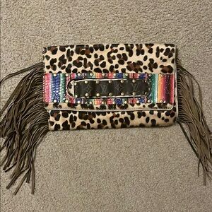Leopard Print Fringe Clutch with Multicolor Accent